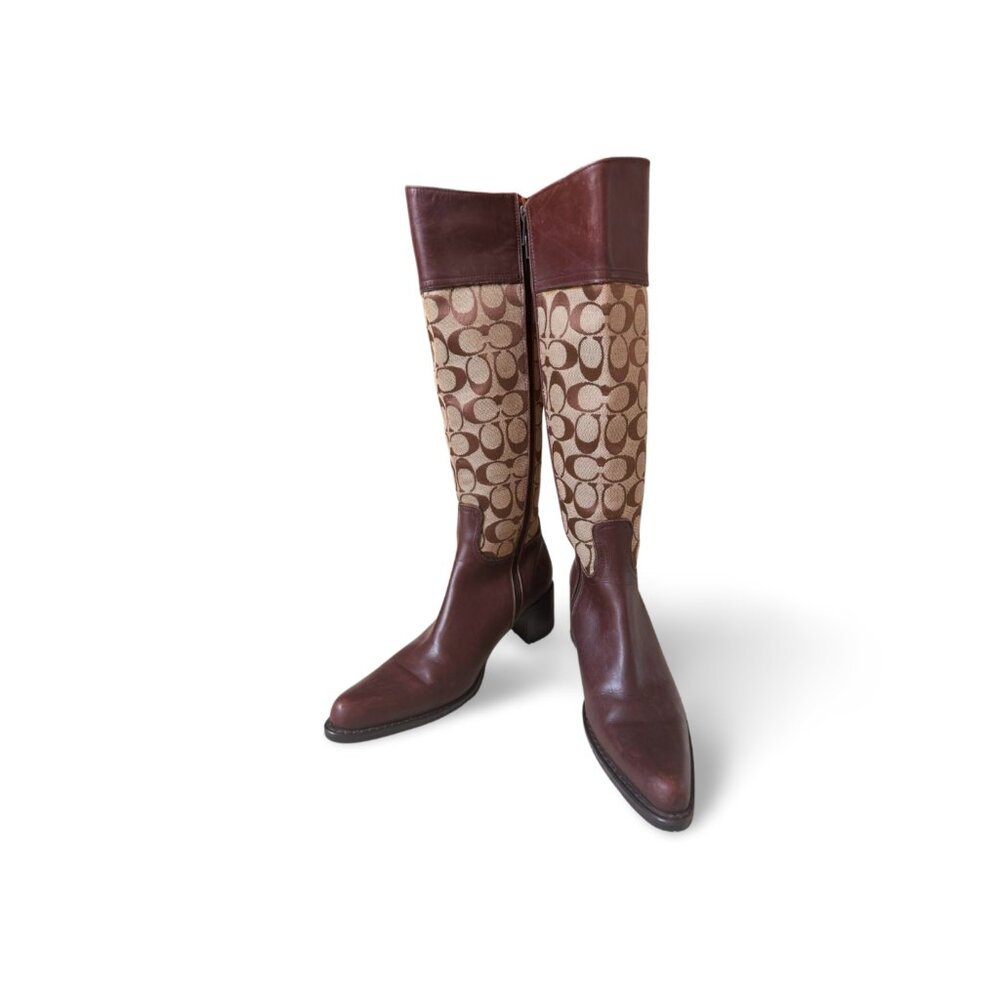 COACH Signature Jacquard & Leather Tall Riding Boots (Burgundy/Brown) – 7B